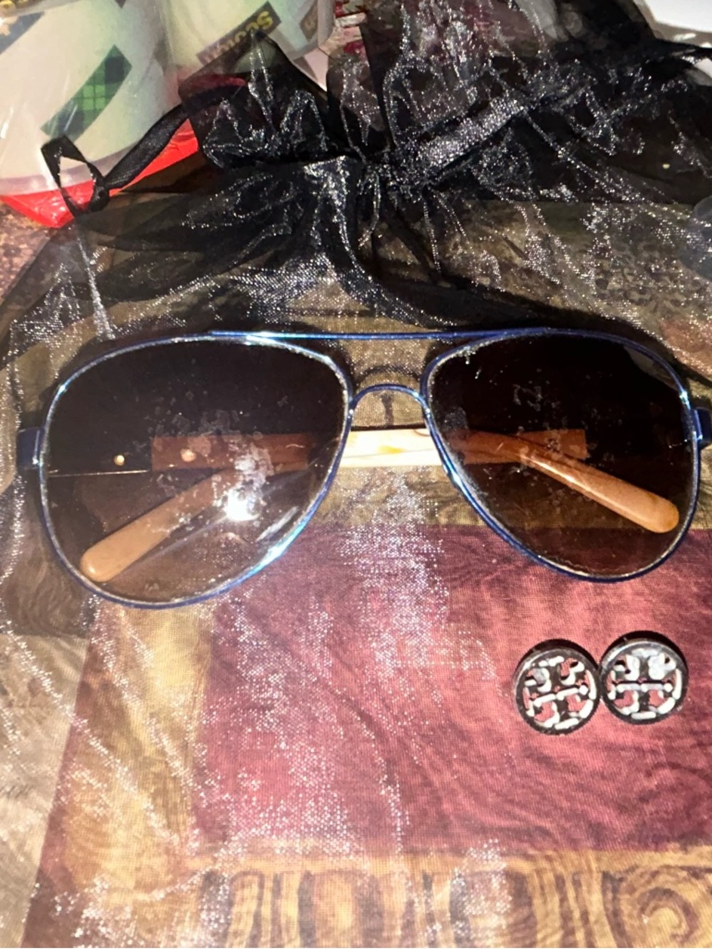 Tory Burch Aviator Sunglasses with Blue Frame . + silver tone TB earrings